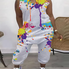  Splatter Print V Neck Tank Jumpsuit With Pockets