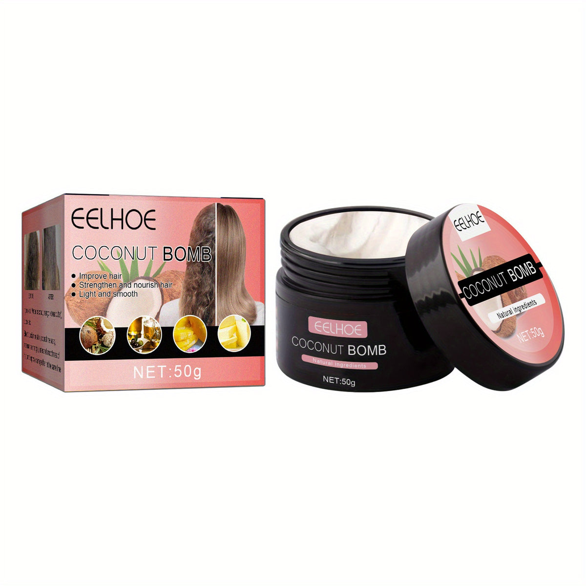 50g Coconut Bomb Hair Mask Repairs Dry & Damaged Hair, Makes Hair Smooth