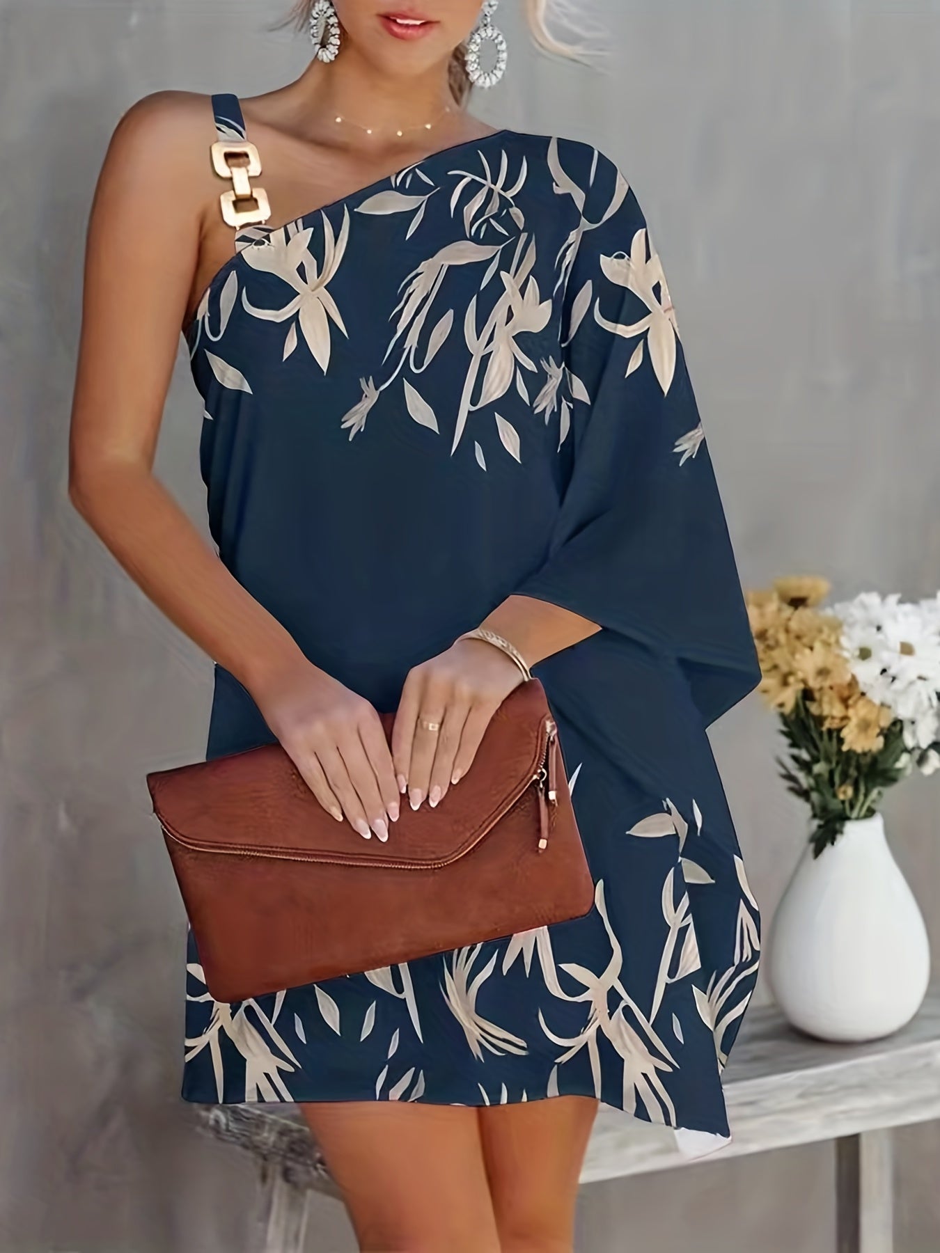 Floral Print Asymmetrical Dress Chain Mini Dress Women's Clothing