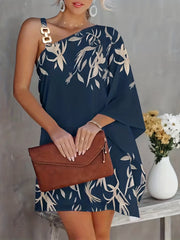 Floral Print Asymmetrical Dress Chain Mini Dress Women's Clothing