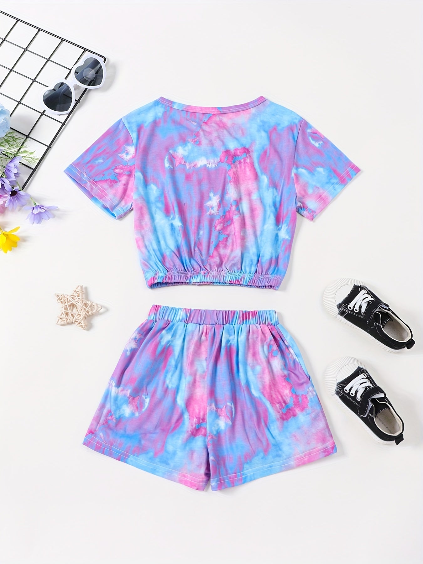 2pcs Toddler Girls Tie Dye Bow T Shirts & Shorts Set Kids Summer Clothes
