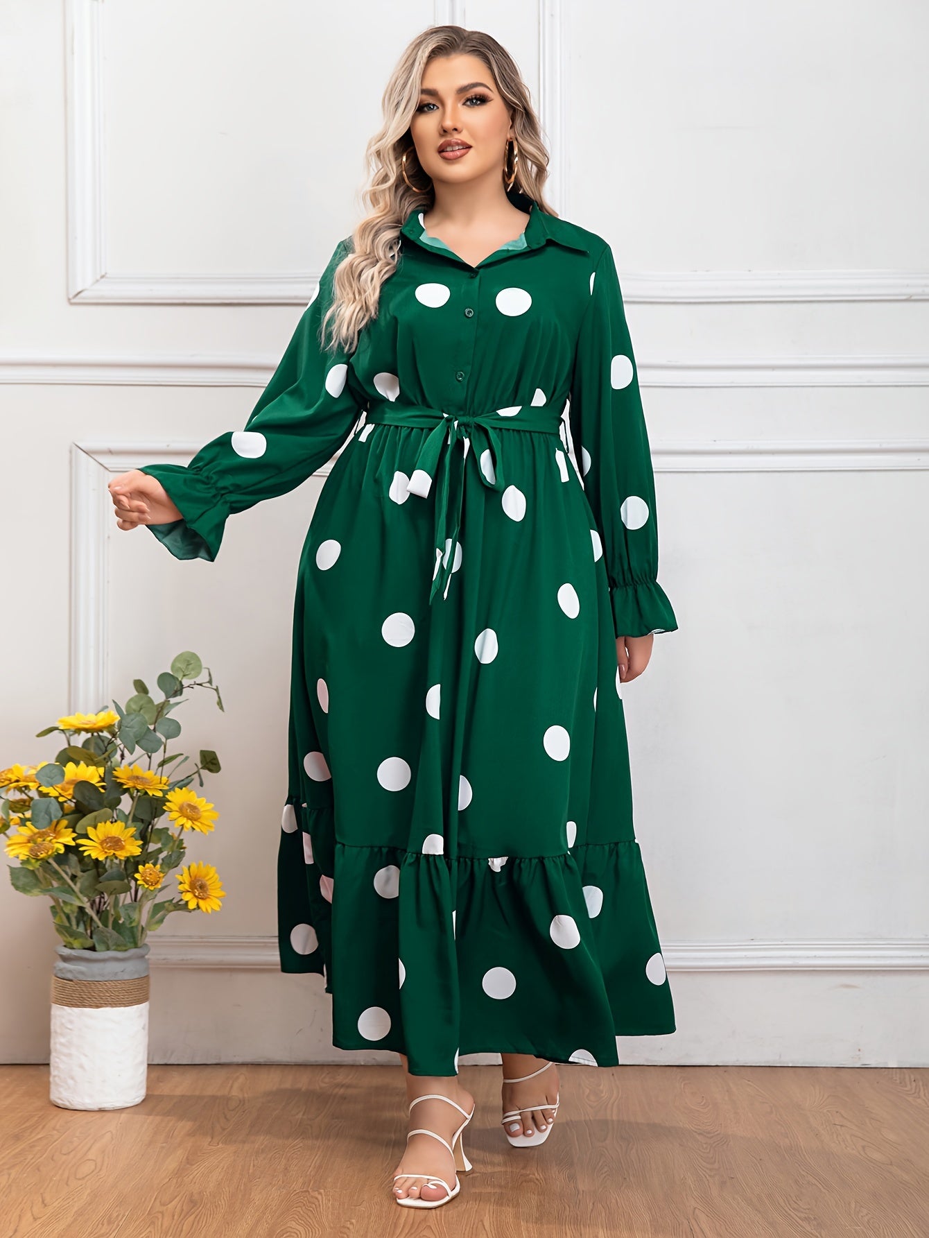  Dot Print Long Sleeve Maxi Shirt Dress