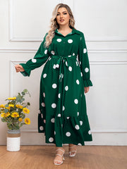  Dot Print Long Sleeve Maxi Shirt Dress
