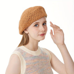 Vintage Lightweight Hollow Out Knitted Beret Solid Breathable Painter Hat