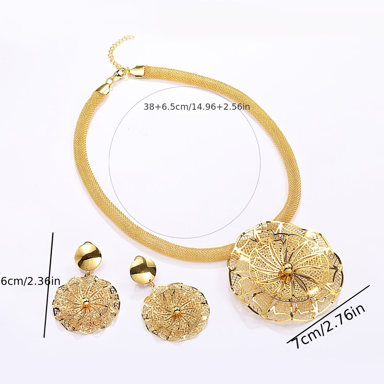 18K Plated Alloy Pendant Necklace & Earrings Set for Wedding