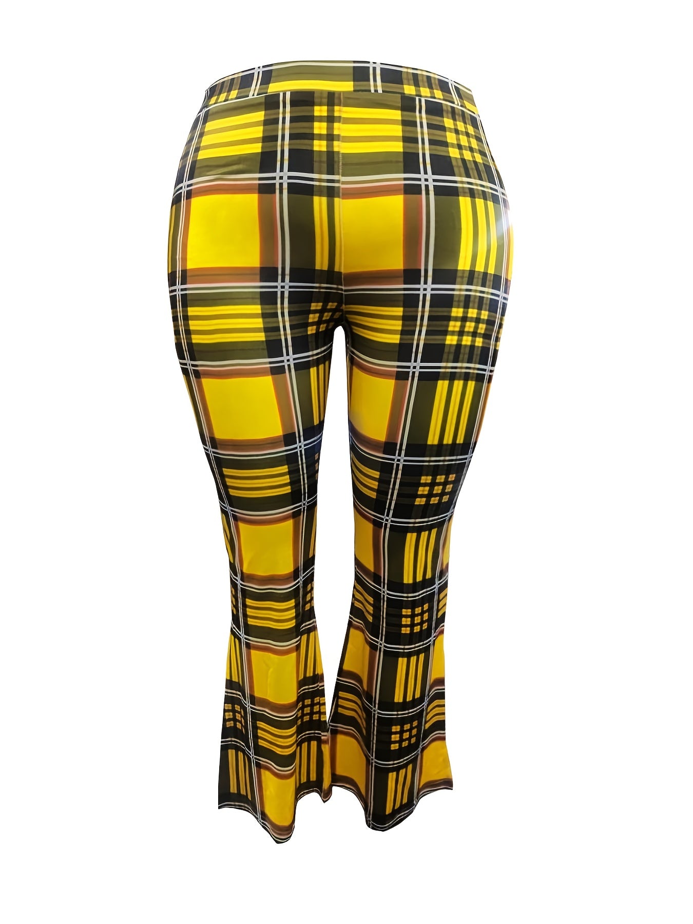  Plaid Print Flared Leg High Rise Pants