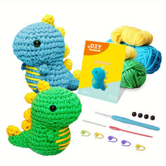 Crochet Kit for Beginners - 2 Dinos Easy Yarn Knitting Set with Video Tutorials
