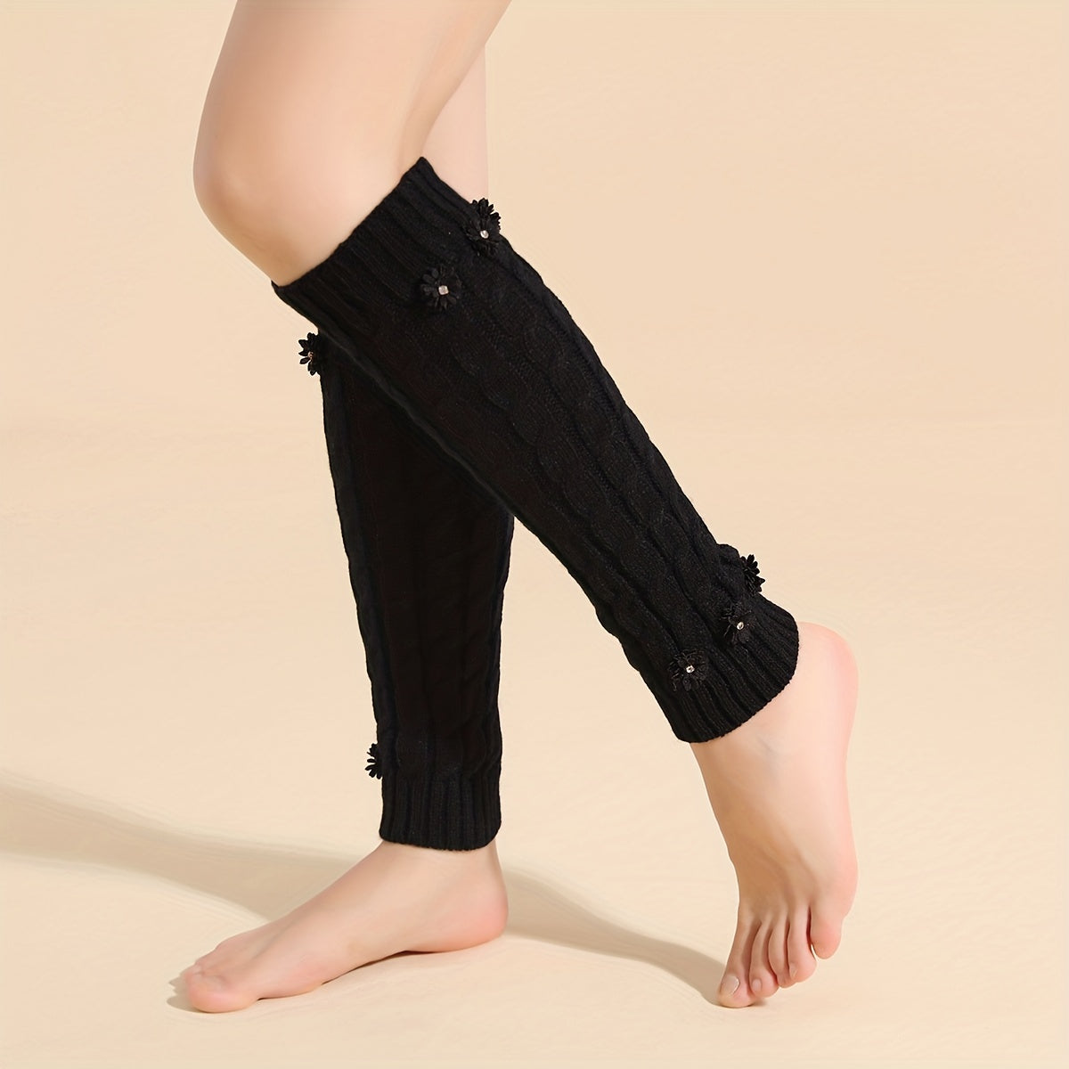 Floral Applique Leg Warmers Knitted Knee High Socks