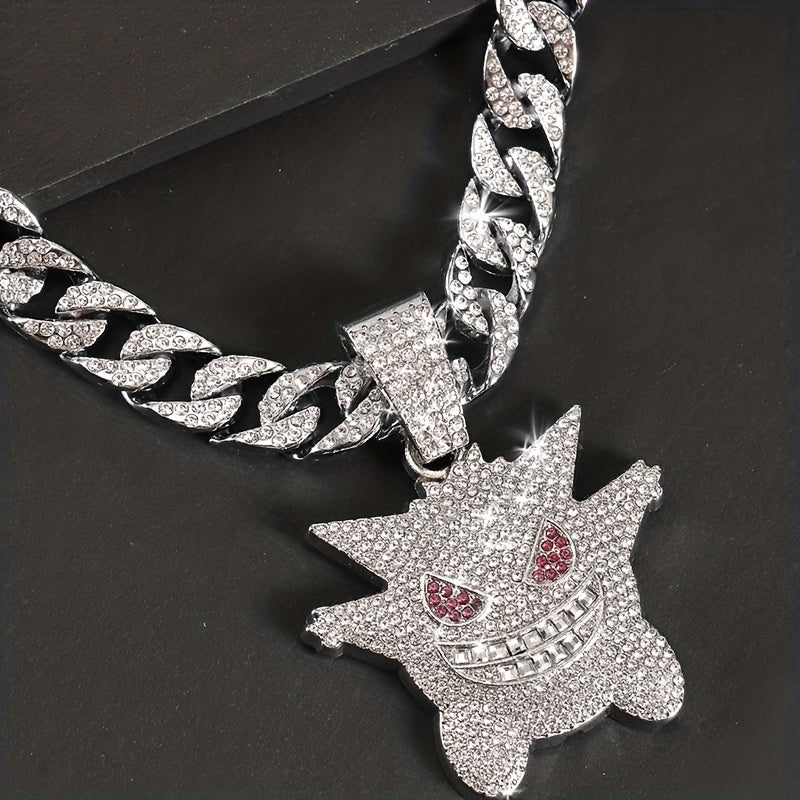 Women's Hip Hop Punk Ghost Pendant Necklace with Rhinestones Glitter Cuban Chain
