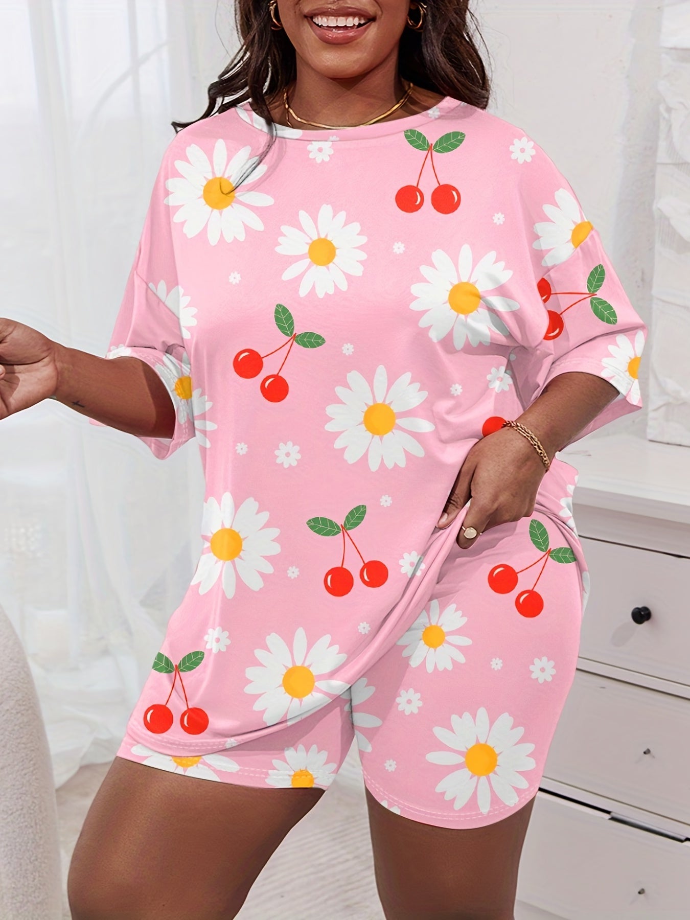  Daisy & Cherry Print Short Sleeve Tee & Shorts Pajama Set