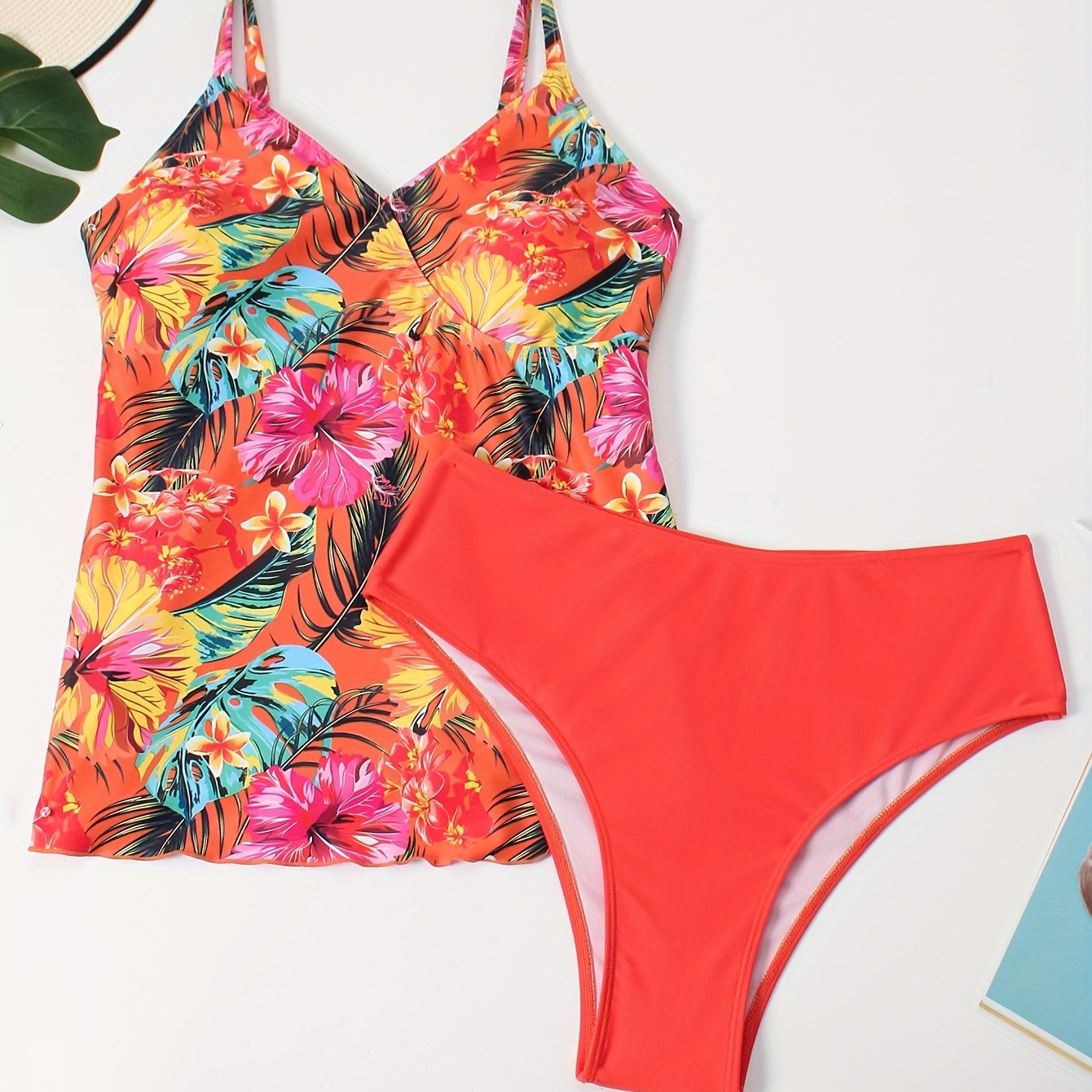  Boho Tankini Set Tropical Print V Neck Cami Top & Solid Panty Swimsuit