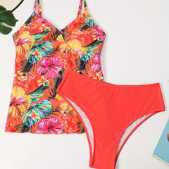  Boho Tankini Set Tropical Print V Neck Cami Top & Solid Panty Swimsuit