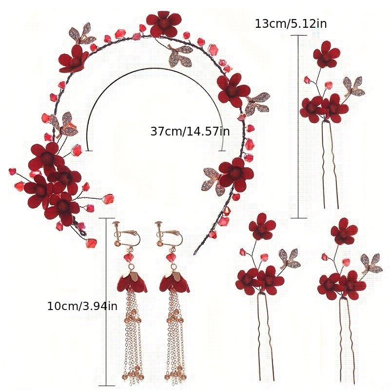 Red Flowers Headband Hairpins Clip Earring Set Chinese Style Bridal Wedding