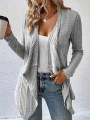  Solid Ribbed Long Sleeve Open Front Cardigan