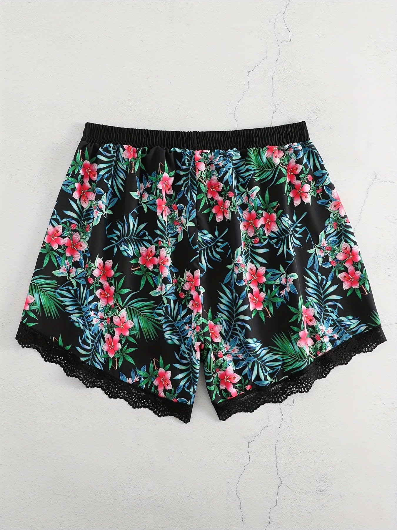  Rose Print Lace Elastic Stretch Shorts