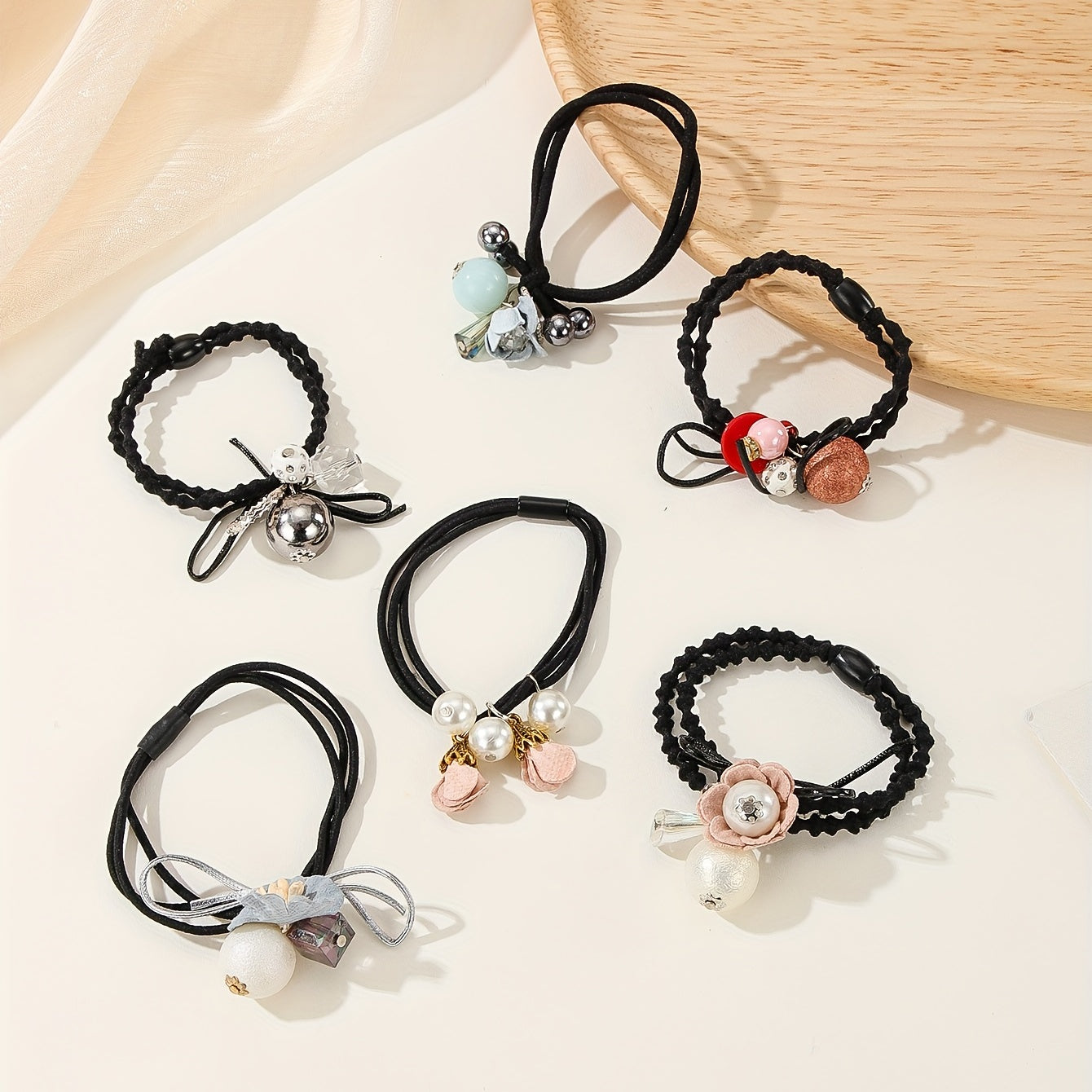 6pcs Faux Pearl Hair Tie Non Slip Scrunchie Ponytail Holder