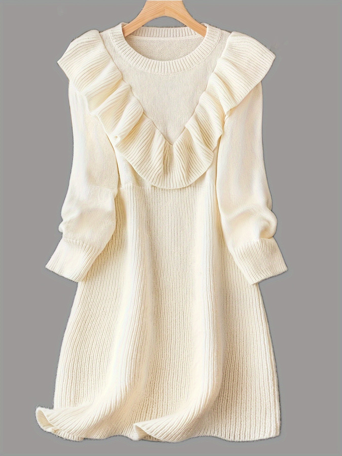  Solid Ruffle Trim Sweater Dress