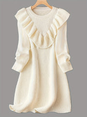  Solid Ruffle Trim Sweater Dress