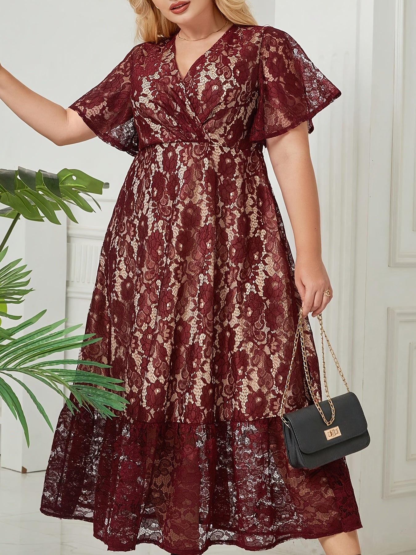  Solid Lace Short Sleeve Surplice Neck Smock Dress