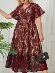  Solid Lace Short Sleeve Surplice Neck Smock Dress