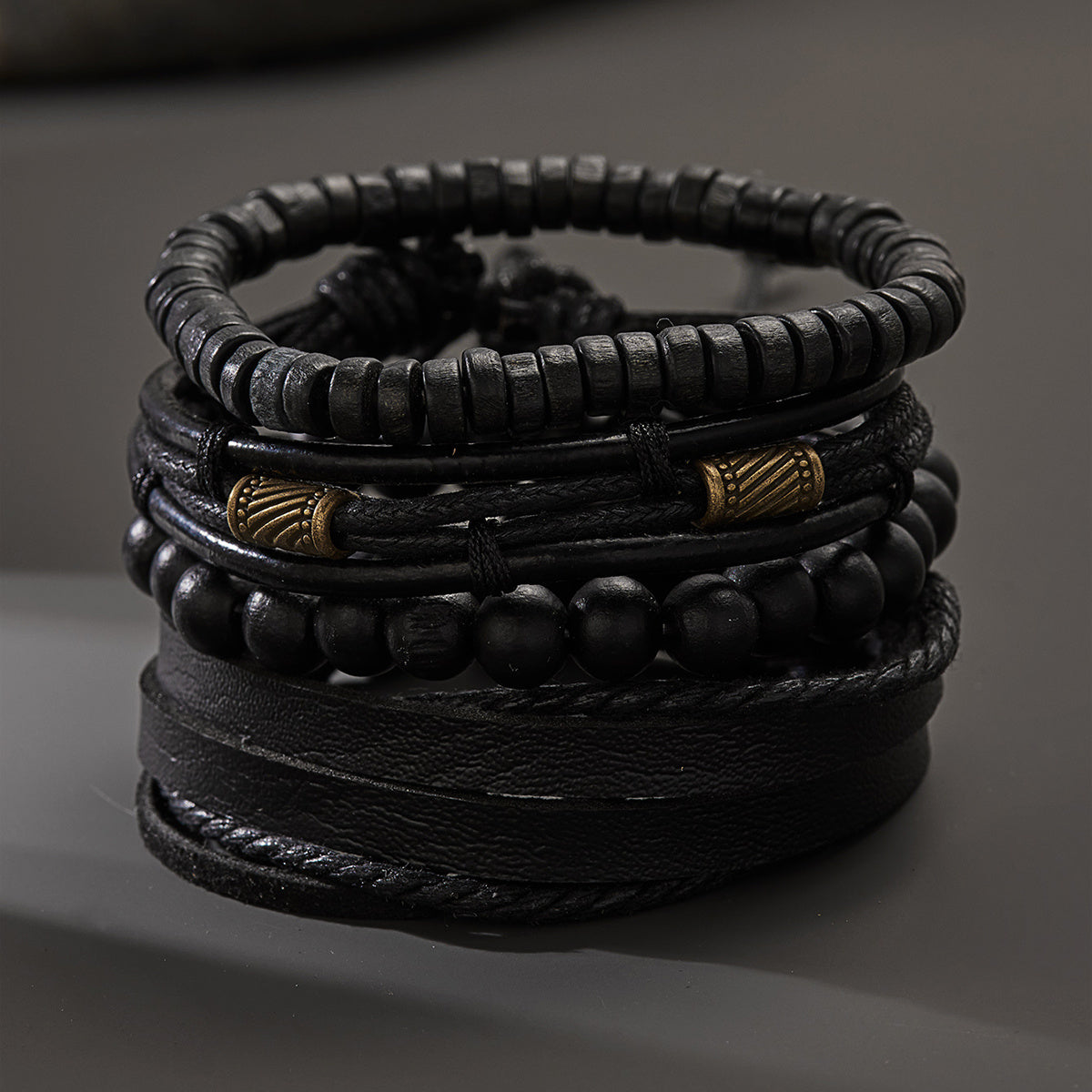Men's Wooden Beaded Braided Leather Bracelet Set