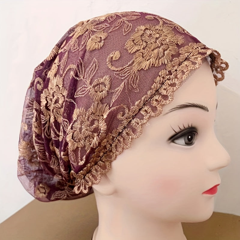 Rose Embroidery Lace Turban Cap Double Layer Beanie Ramadan Head Wrap Inner Hija
