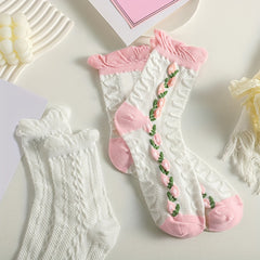 5 Pairs Floral Print Ruffle Socks Women's Mid Tube Stockings