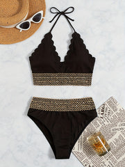 Scallop Trim Halter V Neck Bikini Set