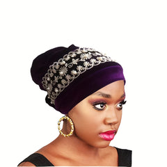 Velvet Lace Turban Cap Faux Pearl Head Wrap