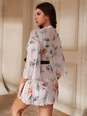 Floral Print Mesh Night Robe 3/4 Sleeve V Neck Semi-sheer Robe