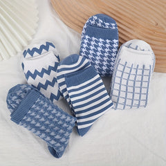 5 Pairs Plaid & Striped Print Socks Breathable Women's Mid Tube Stockings