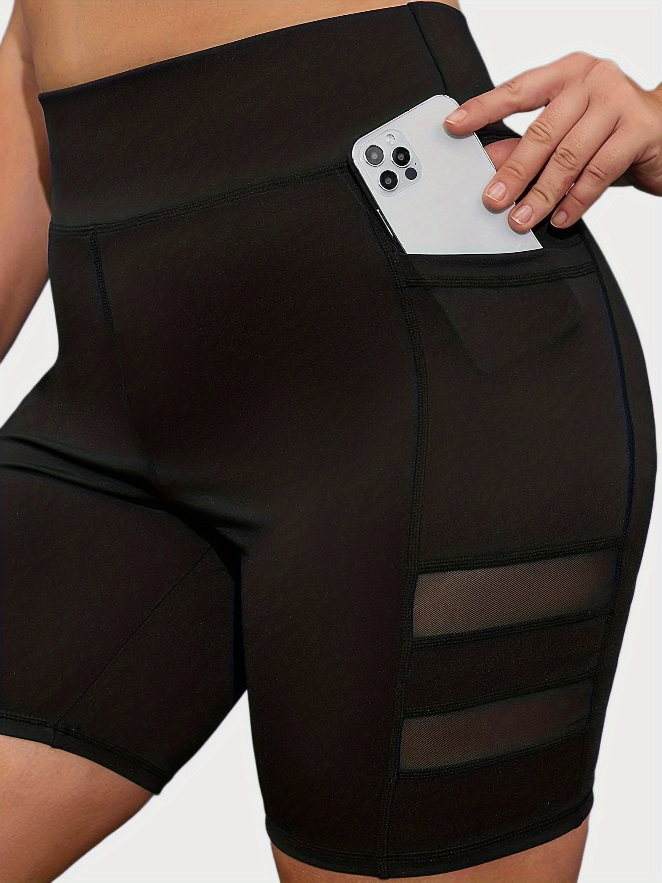  High Rise Mesh Contrast Sports Shorts with Pockets