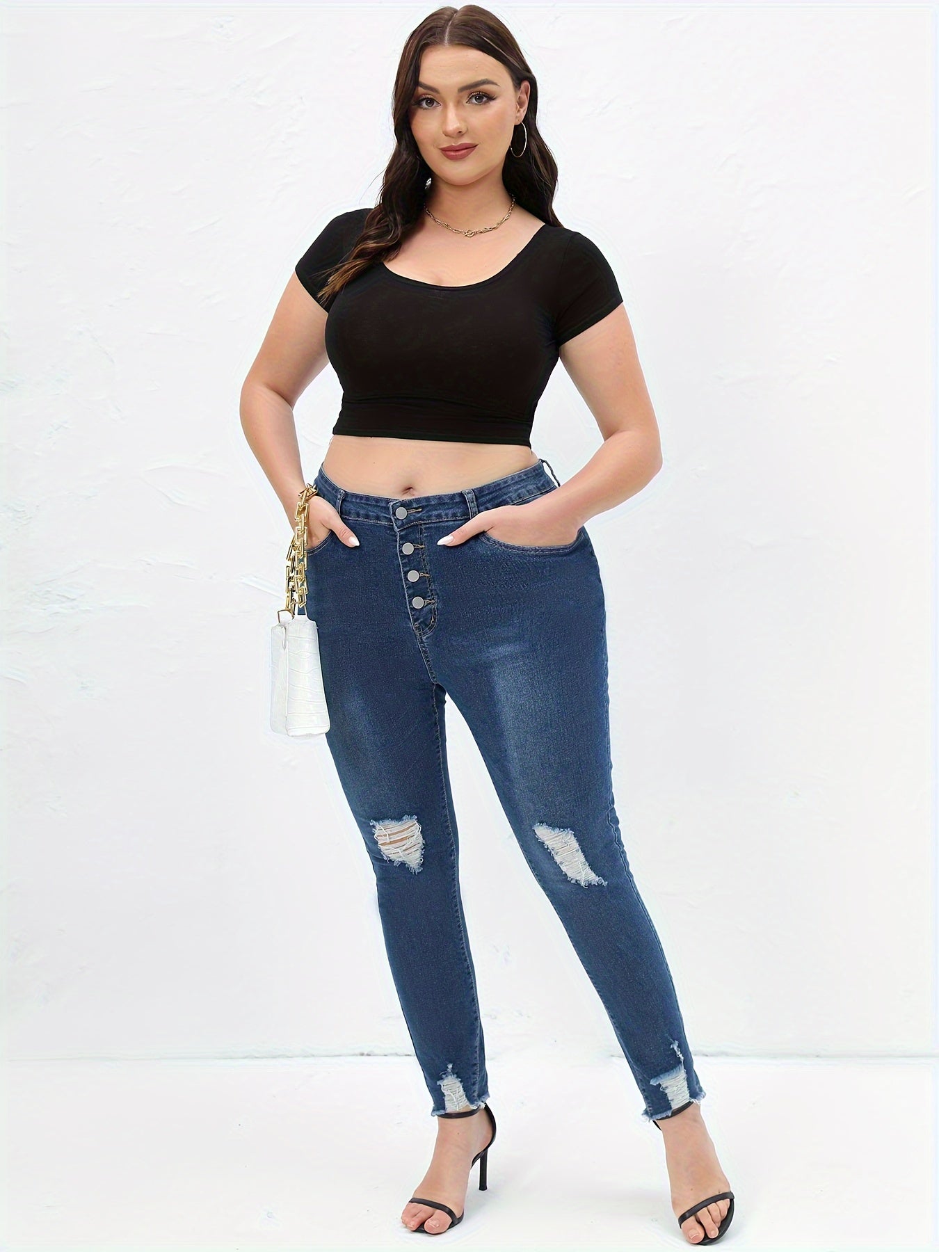  Women's Ripped Skinny Jeans High Rise Stretch Denim