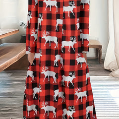  Christmas Casual Dress Women's Gingham & Deer Print Long Sleeve Dress