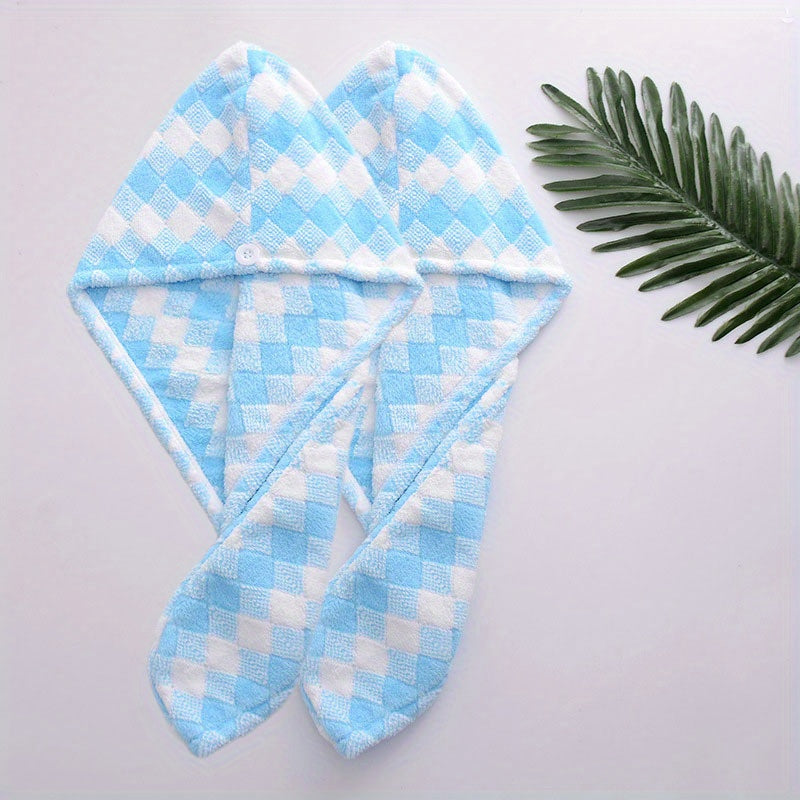 2pcs Plaid Pattern Hair Towel Wrap - Absorbent Quick Dry Coral Fleece Towels
