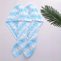 2pcs Plaid Pattern Hair Towel Wrap - Absorbent Quick Dry Coral Fleece Towels