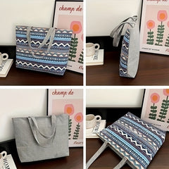 Canvas Vintage Geometric Pattern Tote Bag Large Capacity Shoulder Bag