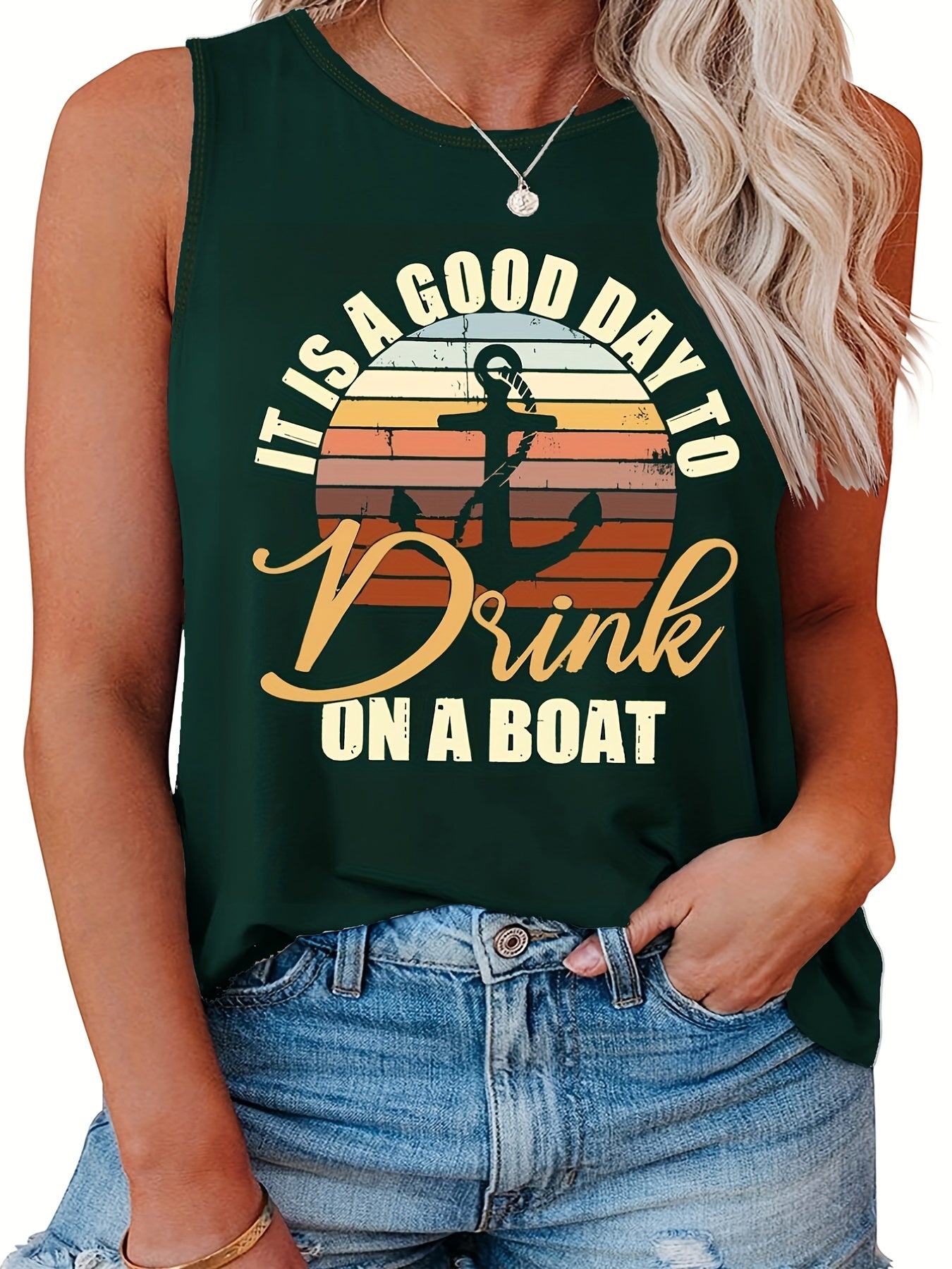  Anchor & Letter Print Tank Top