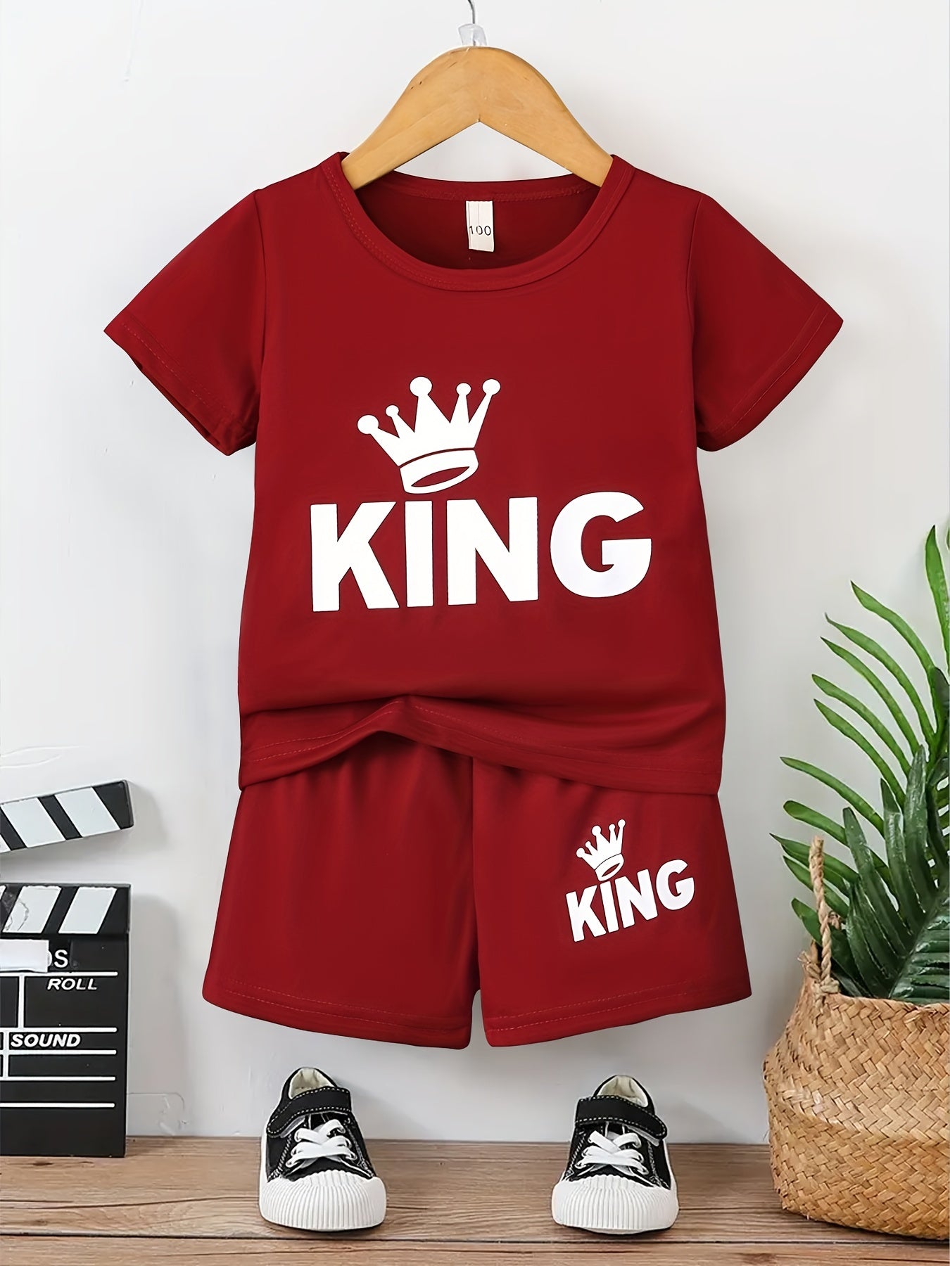 Boy's KING Crown Print T-shirt & Shorts Set for Summer