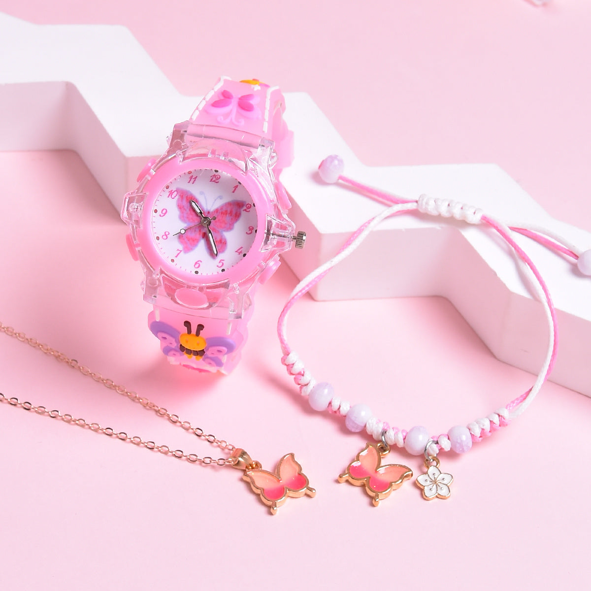3pcs Girls Butterfly Suit Set: Watch, Necklace, Non-Rechargeable But