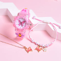 3pcs Girls Butterfly Suit Set: Watch, Necklace, Non-Rechargeable But