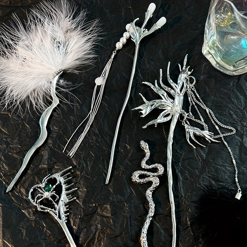 Silvery Hair Sticks Snake Faux Pearl Branch Hair Sticks