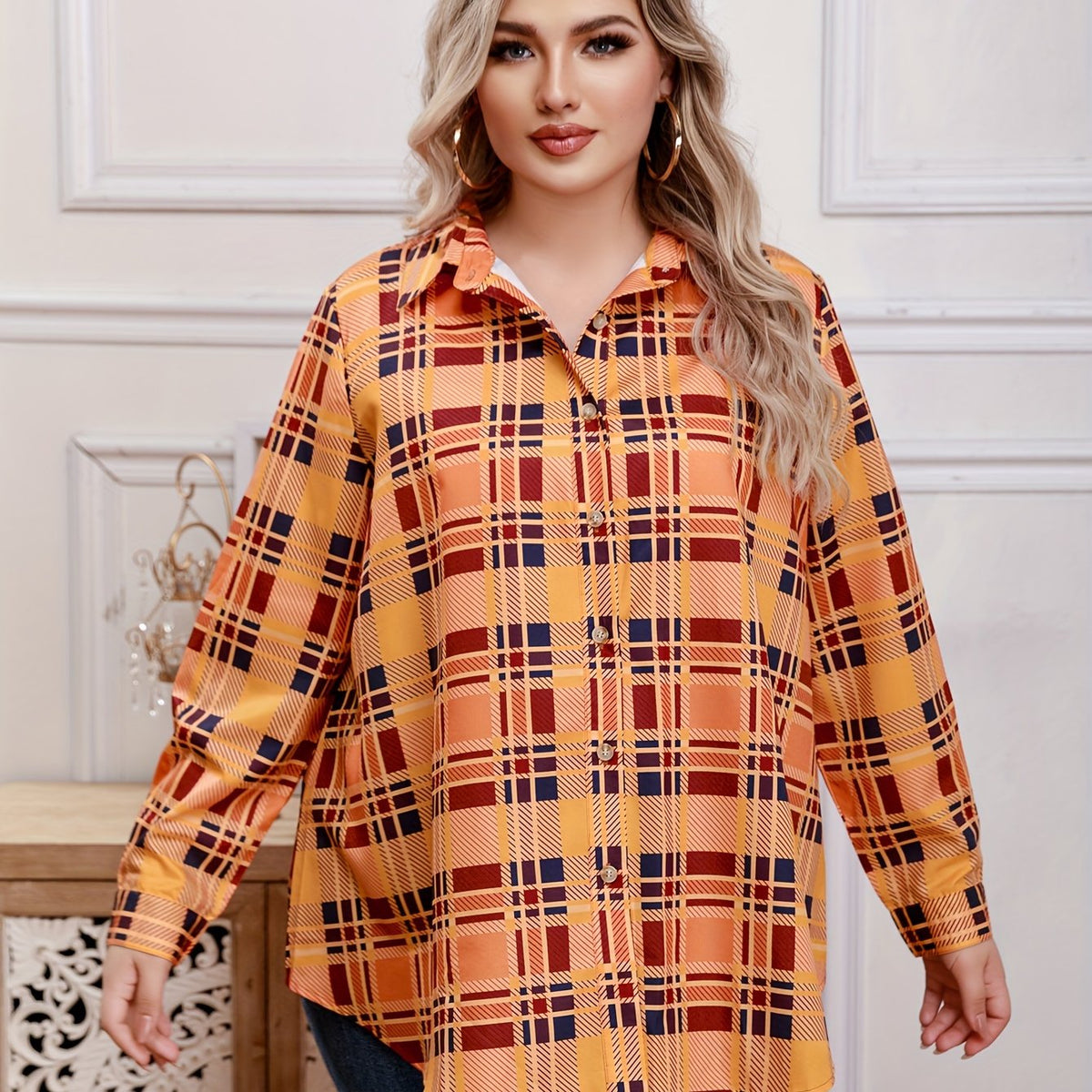  Plaid Print Button Up Long Sleeve Blouse