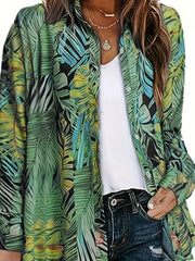  Tropical Print Blouse Long Sleeve Button Up Top