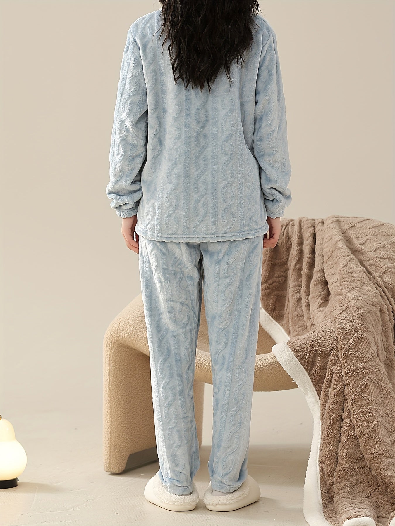 Cozy Fuzzy Pajama Set Long Sleeve Crew Neck Top & Elastic Waistband Pants