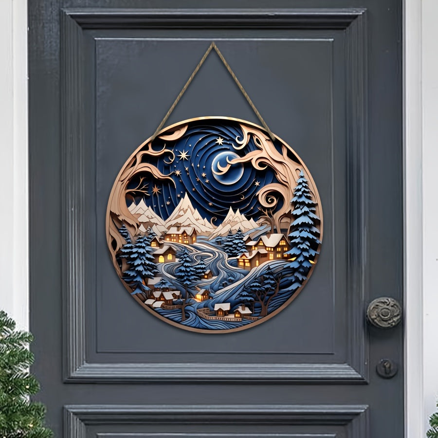 Xmas Door Hanging Starry Sky Village Night Scene Signboard Decoration