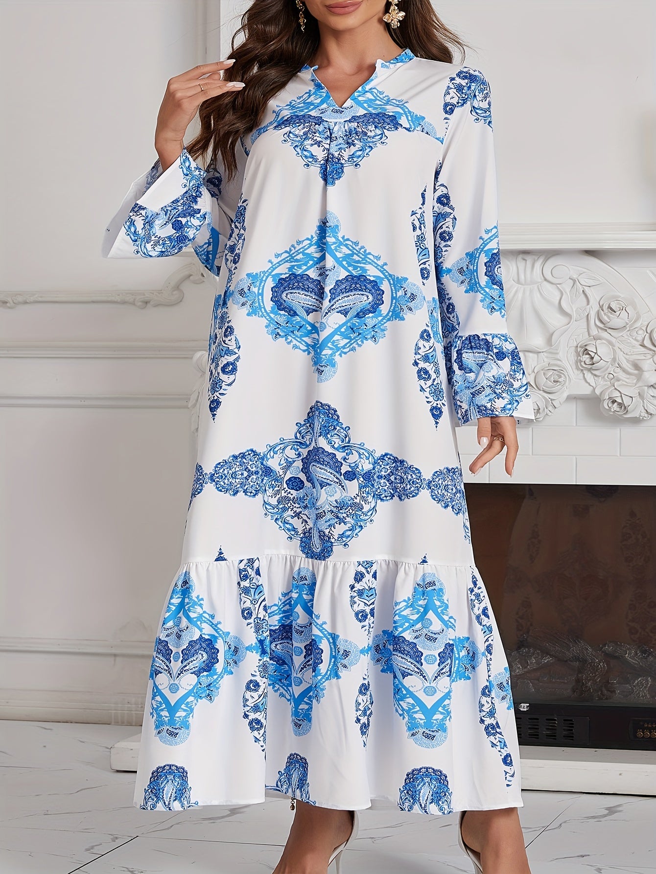  Casual Kaftan Dress Women's Plus Floral Print Bell Sleeve Maxi Dress