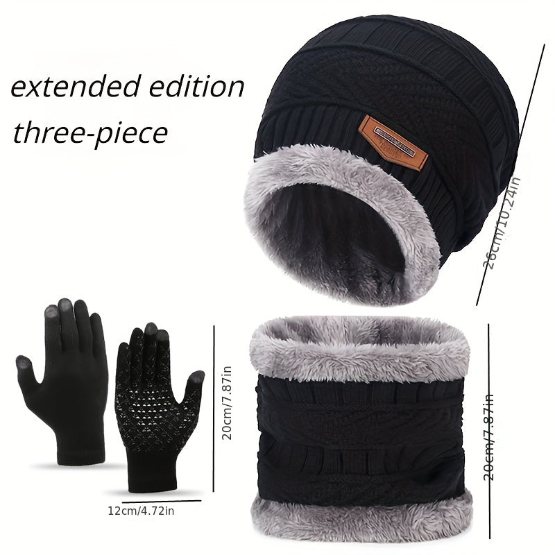 Winter Knitted Hat Scarf Gloves Set For Women Men Velvet Lining Warm Beanie