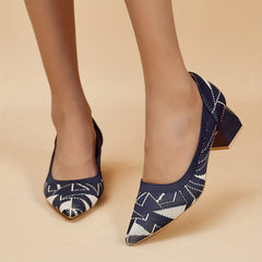 Colorblock Chunky Heels Breathable Knit Point Toe Pumps
