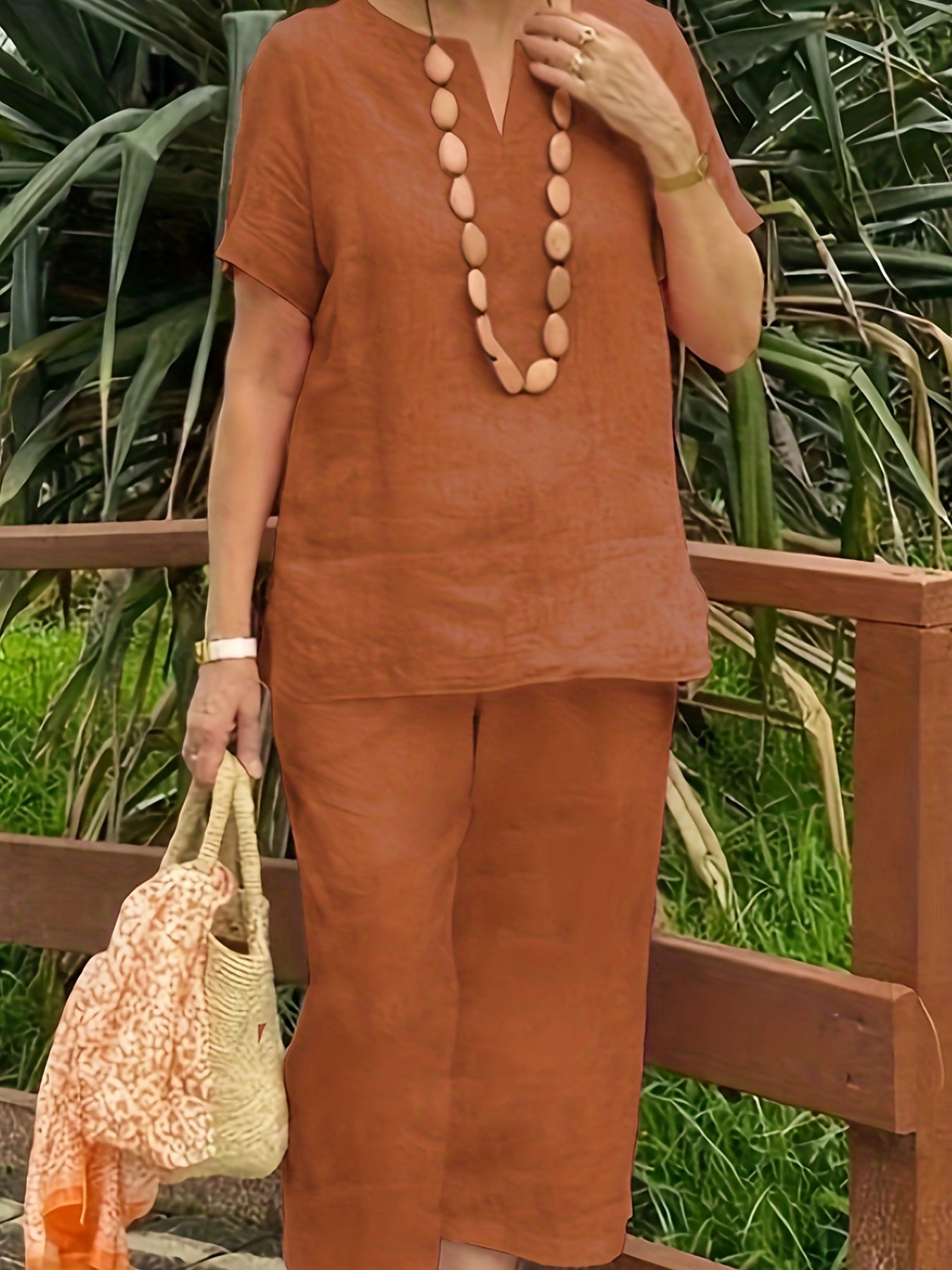  Solid Short Sleeve Top & Wide Leg Pants Set